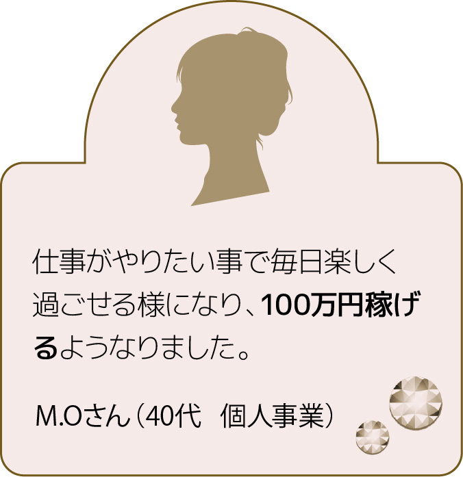 仕事がやりたい事で毎日楽しく過ごせる様になり、100万円稼げるようなりました。